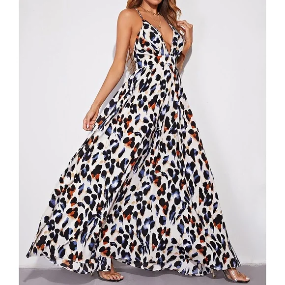 MBM Unlimited Dresses | White Black Leopard Print Cross Back Flowy Cami Maxi Dress | Color: Black/White | Size: Xs | Mbmunlimited's Closet